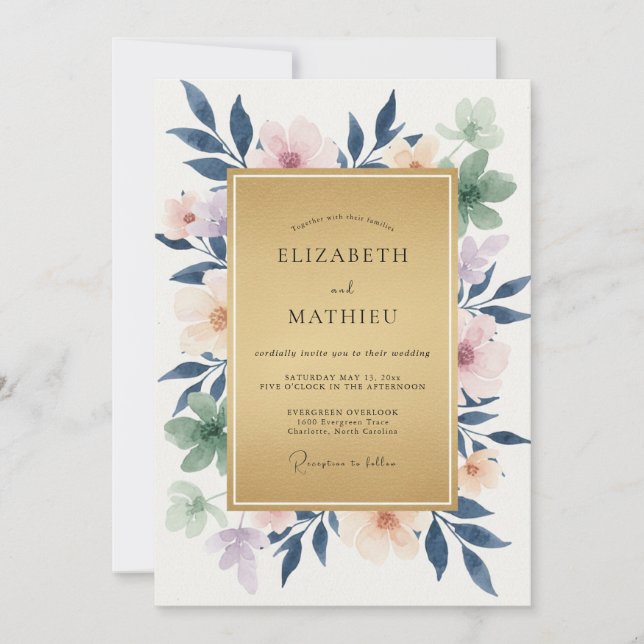 Convites Casamento com Folhagem de Eucalipto Indigo Pêssego (Frente)