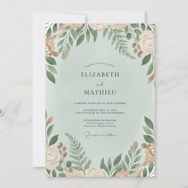 Convites Casamento com folhagem de eucalipto marfim menta (Frente)