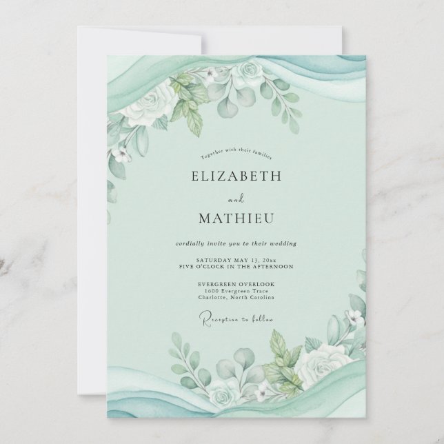 Convites Casamento com Folhagem de Eucalipto Pistácio (Frente)