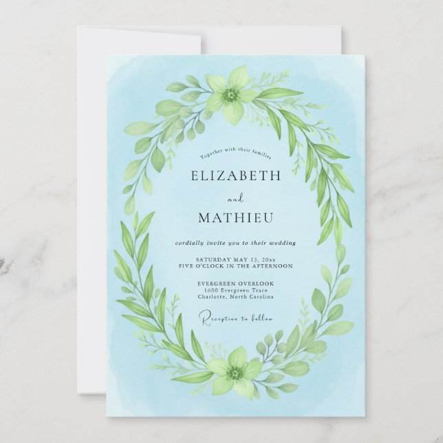 Convites Casamento com Folhagem de Eucalipto Sky Lime (Frente)