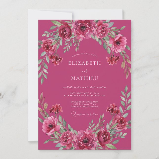 Convites Casamento com Folhagem de Fruta Magenta (Frente)