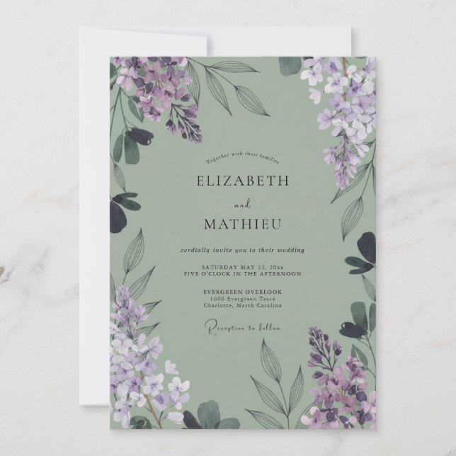 Convites Casamento com Folhagem de Lilás em Aquarela (Frente)