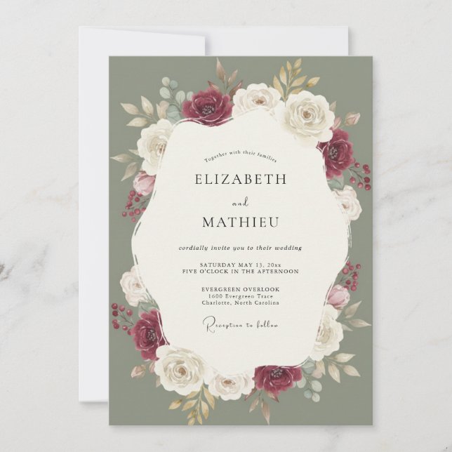 Convites Casamento com Folhagem de Musgo Borgonha (Frente)