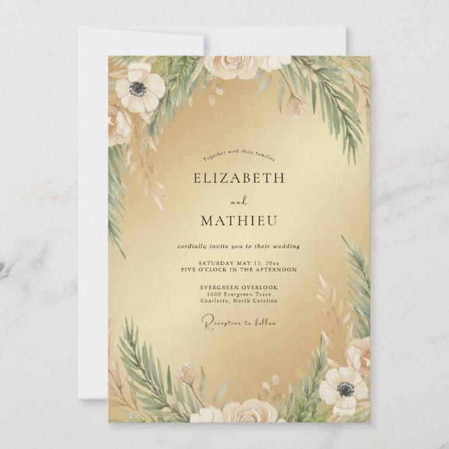 Convites Casamento com Folhagem de Musgo Champagne (Frente)