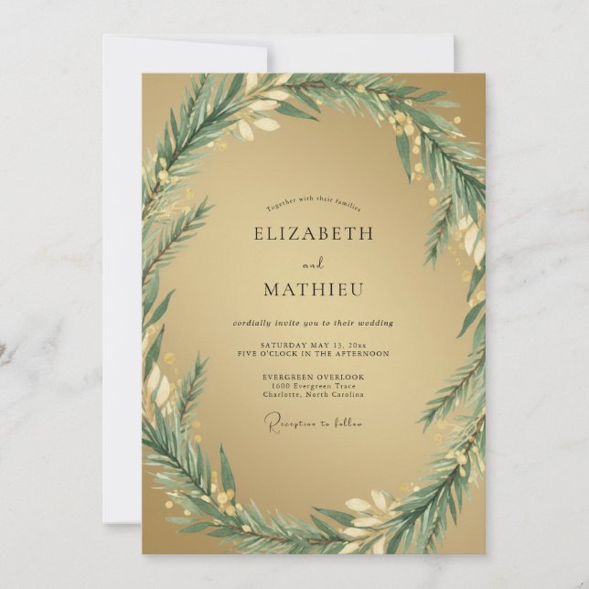 Convites Casamento com Folhagem de Oliva Dourada e Eucalipt (Frente)
