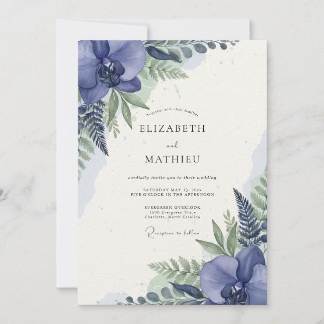 Convites Casamento com Folhagem de Orquídea Índigo (Frente)