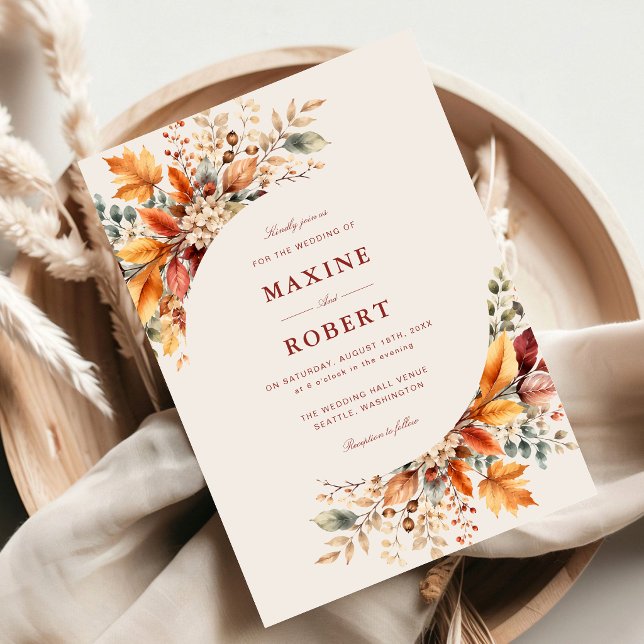 Convites Casamento com Folhagem de Outono Elegante em Aquar (Elegant autumn foliage invitation sets a warm tone for your wedding.)