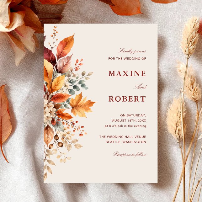 Convites Casamento com Folhagem de Outono Elegante em Aquar (Elegant autumn foliage watercolor invitation creates a warm welcome for your wedding.)