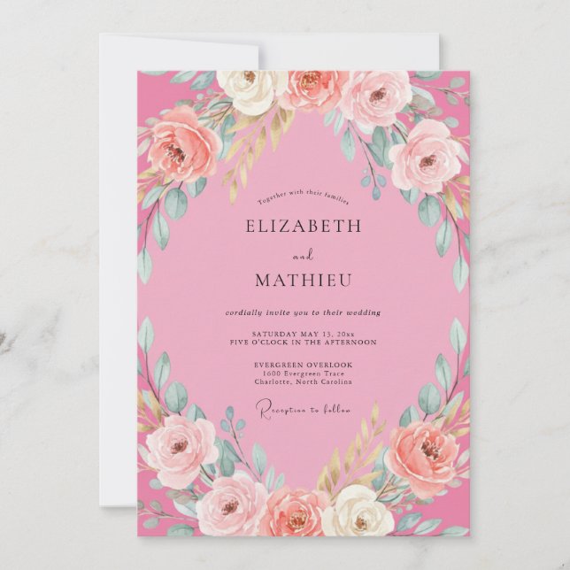 Convites Casamento com Folhagem de Peônia Magenta (Frente)