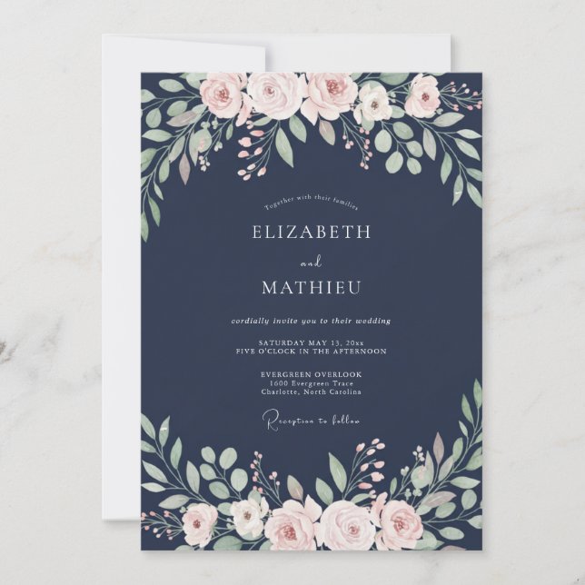 Convites Casamento com Folhagem de Pêssego à Meia-Noite Euc (Frente)