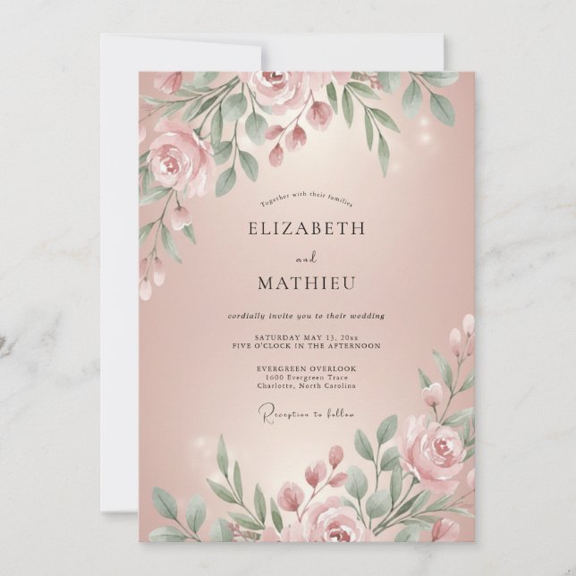 Convites Casamento com Folhagem de Pétala Rosada (Frente)