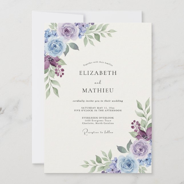 Convites Casamento com Folhagem de Salva Violeta Periwinkle (Frente)
