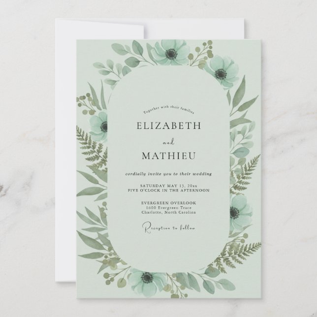 Convites Casamento com Folhagem de Samambaia Celadon (Frente)