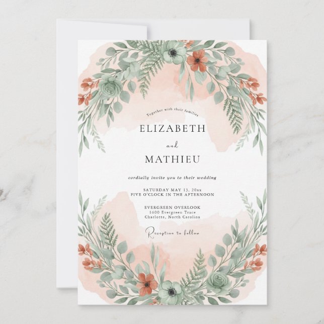 Convites Casamento com Folhagem de Samambaia Dourada (Frente)