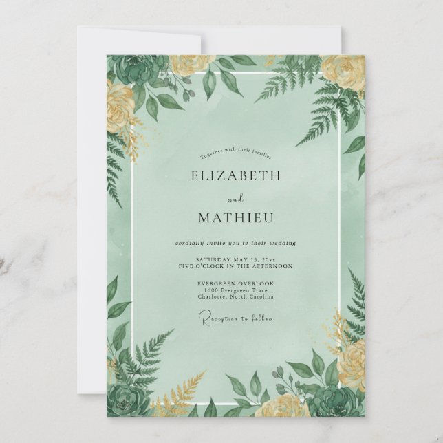 Convites Casamento com Folhagem de Samambaia Menta (Frente)