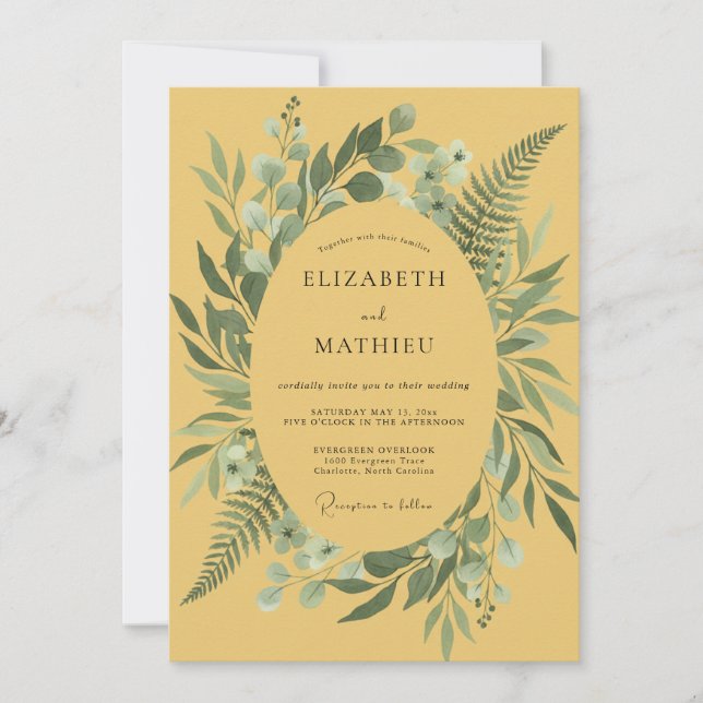 Convites Casamento com Folhagem de Samambaia Mostarda (Frente)