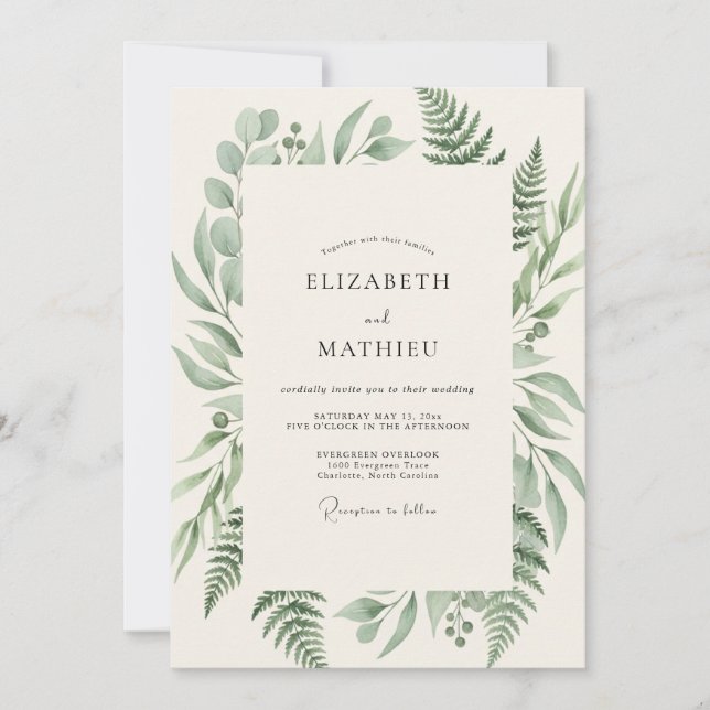 Convites Casamento com Folhagem de Samambaia Oliva (Frente)