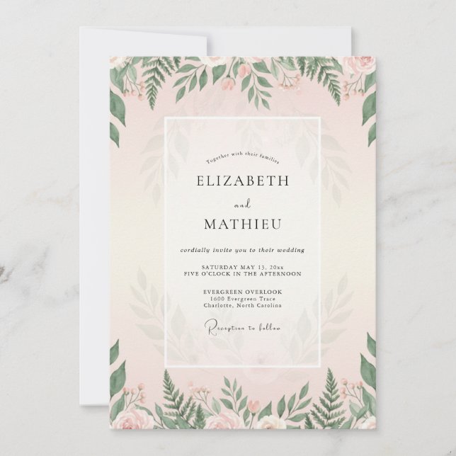 Convites Casamento com Folhagem de Samambaia Rosa (Frente)