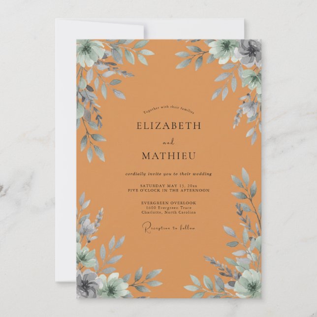 Convites Casamento com Folhagem de Terracota Eucalipto Suav (Frente)