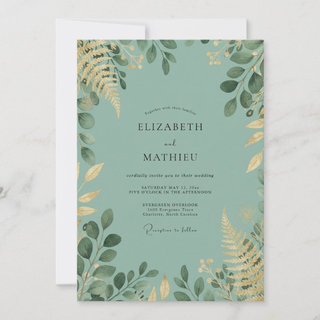 Convites Casamento com Folhagem Dourada e Eucalipto Celadon (Frente)
