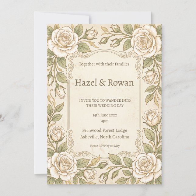 Convites Casamento com folhagem e rosa marfim (Frente)