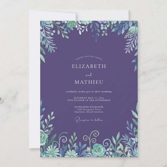 Convites Casamento com Folhagem em Aquarela Âmbar (Frente)