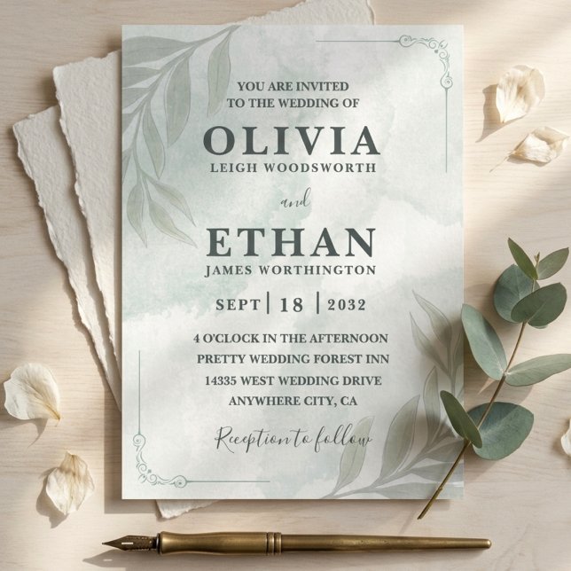 Convites Casamento com Folhagem em Aquarela em Verde Sage E (Criador carregado)