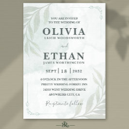 Convites Casamento com Folhagem em Aquarela em Verde Sage E