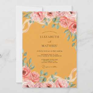 Convites Casamento com Folhagem em Aquarela Mostarda