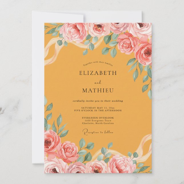 Convites Casamento com Folhagem em Aquarela Mostarda (Frente)