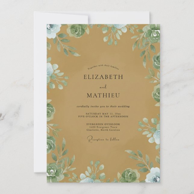 Convites Casamento com Folhagem em Aquarela Ócre (Frente)