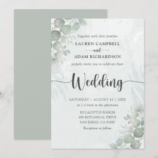 Convites Casamento com Folhagem em Aquarela Verde Sálvia El