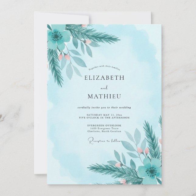 Convites Casamento com Folhagem em Tons de Aqua e Sage (Frente)