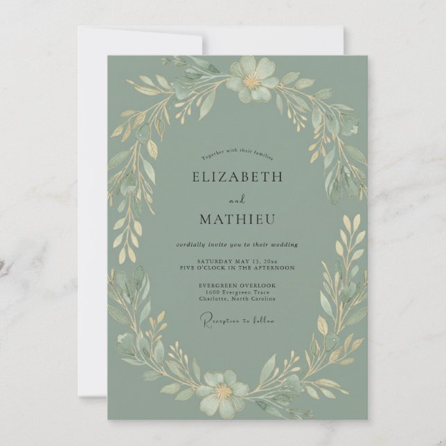 Convites Casamento com Folhagem Eucalipto Celadon (Frente)