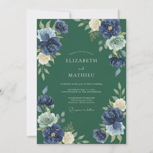 Convites Casamento com Folhagem Eucalipto Hunter Índigo (Frente)