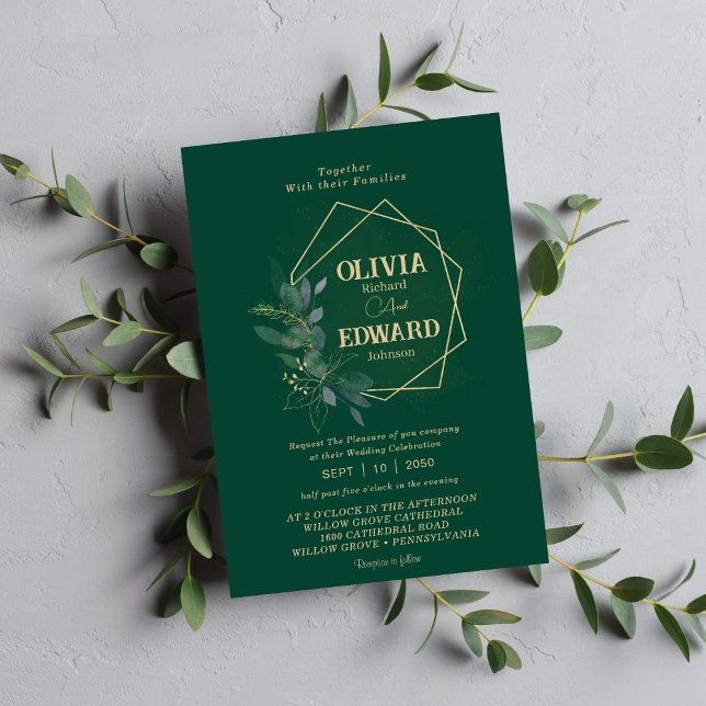 Convites Casamento com folhagem geométrica verde (Criador carregado)