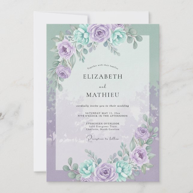 Convites Casamento com folhagem hortelã e vinca (Frente)
