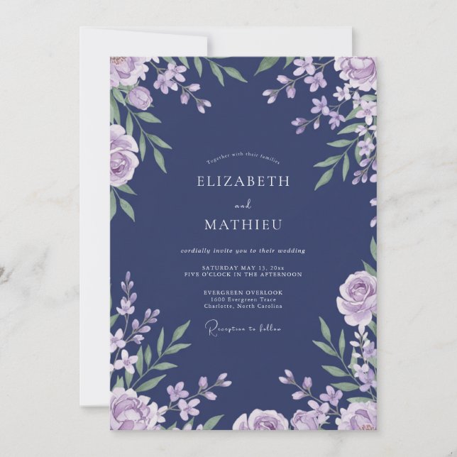 Convites Casamento com Folhagem Lilás Índigo e Salvia (Frente)