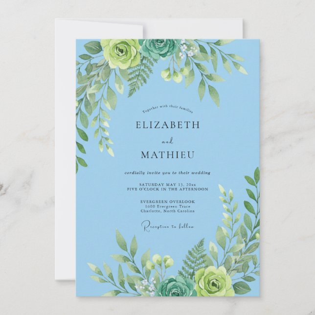 Convites Casamento com Folhagem Muted Eucalipto Céu Mint (Frente)