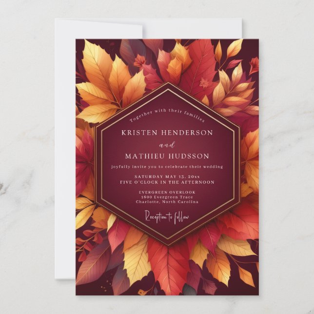 Convites Casamento com Folhagem Outonal Borgonha (Frente)