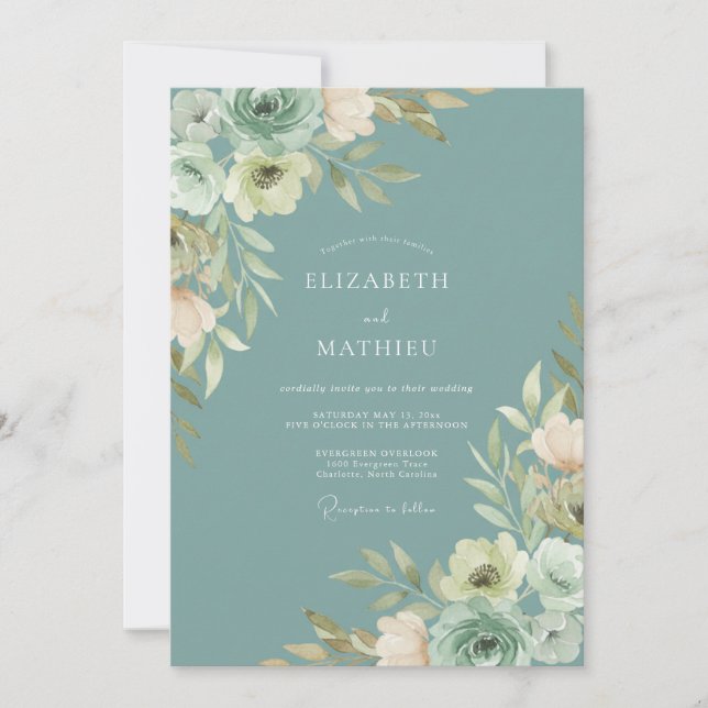 Convites Casamento com Folhagem Pintada à Mão em Seafoam Ar (Frente)