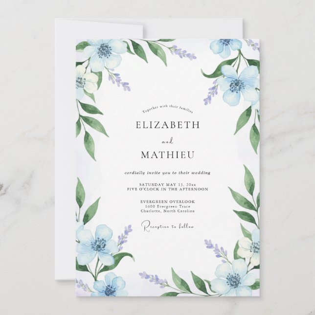 Convites Casamento com Folhagem Pintada Artística Azure (Frente)