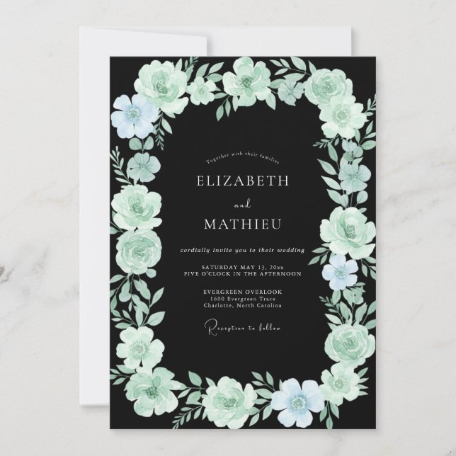 Convites Casamento com Folhagem Pintada de Aqua de Flor Sil (Frente)