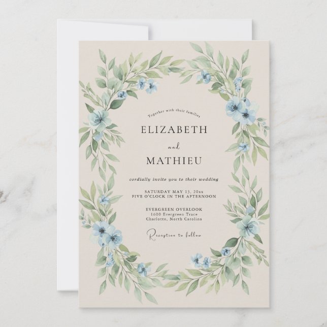 Convites Casamento com Folhagem Pintada de Azul (Frente)