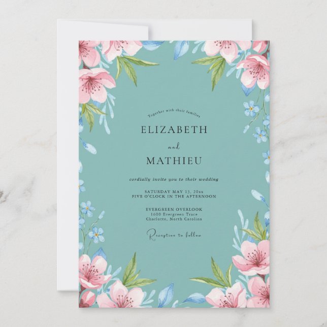 Convites Casamento com Folhagem Pintada de Azul Turquesa (Frente)