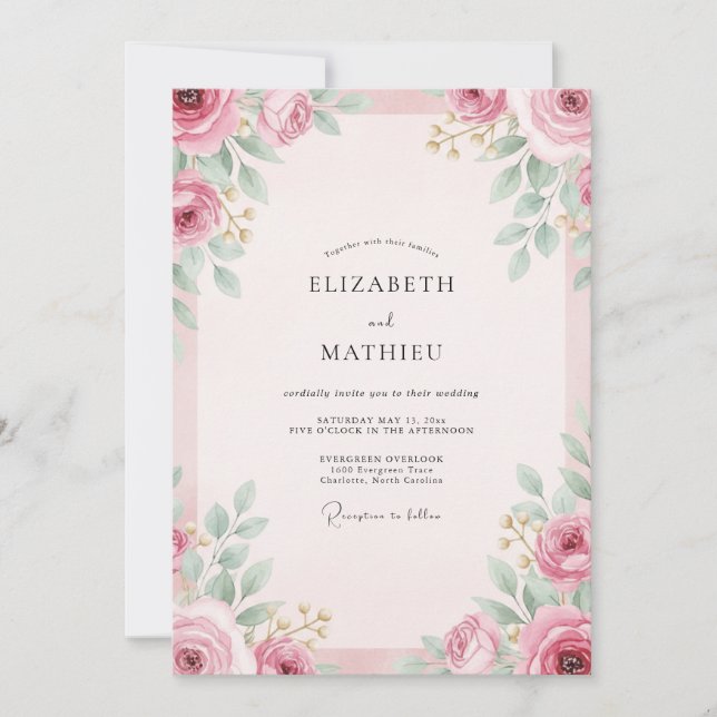 Convites Casamento com Folhagem Pintada de Bege Rosado (Frente)