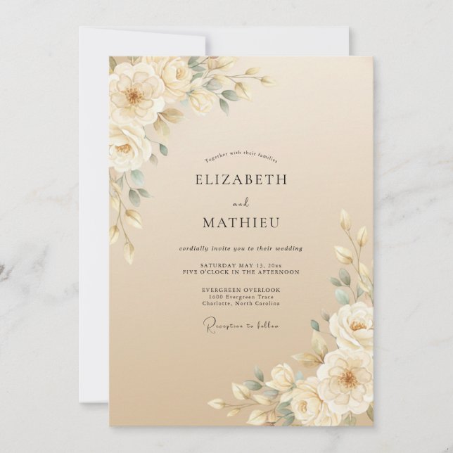 Convites Casamento com Folhagem Pintada de Champanhe (Frente)