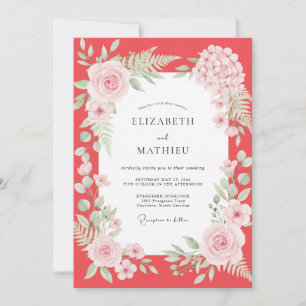 Convites Casamento com Folhagem Pintada de Coral Rosado