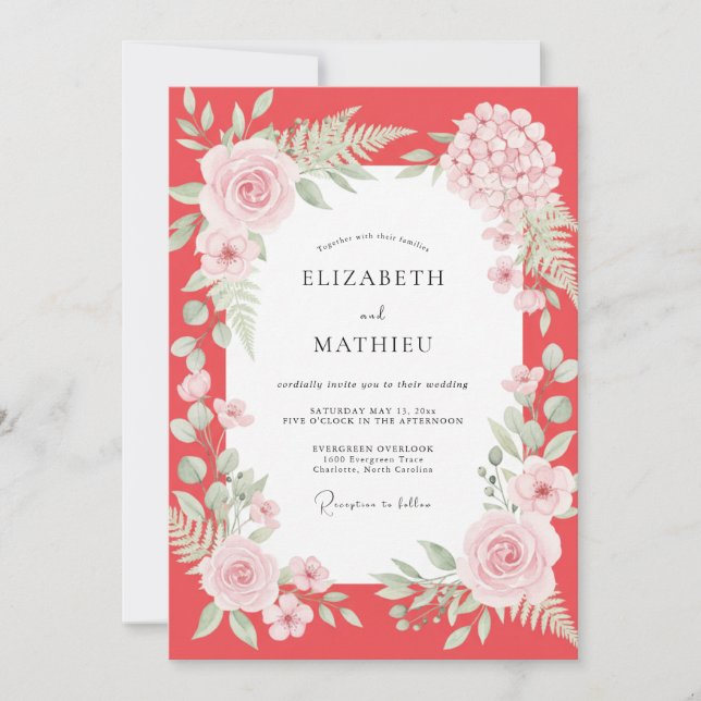 Convites Casamento com Folhagem Pintada de Coral Rosado (Frente)