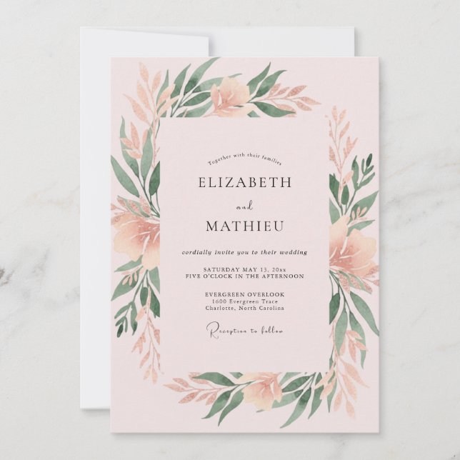 Convites Casamento com Folhagem Pintada de Coral Suave (Frente)